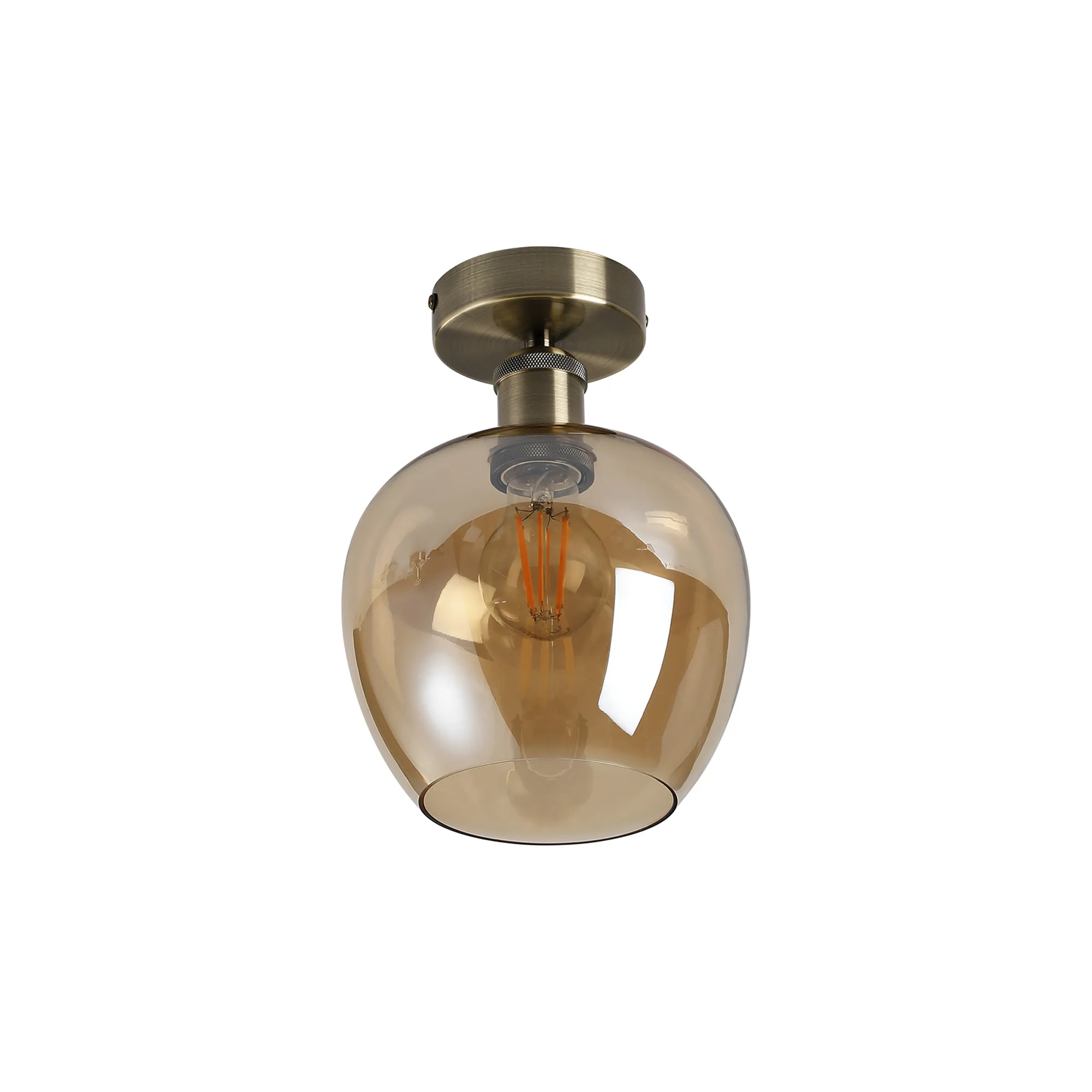 Cawdor Flush Fitting; 1 Light E27; Antique Brass/Amber Wine Glass DK1127  Deco Cawdor